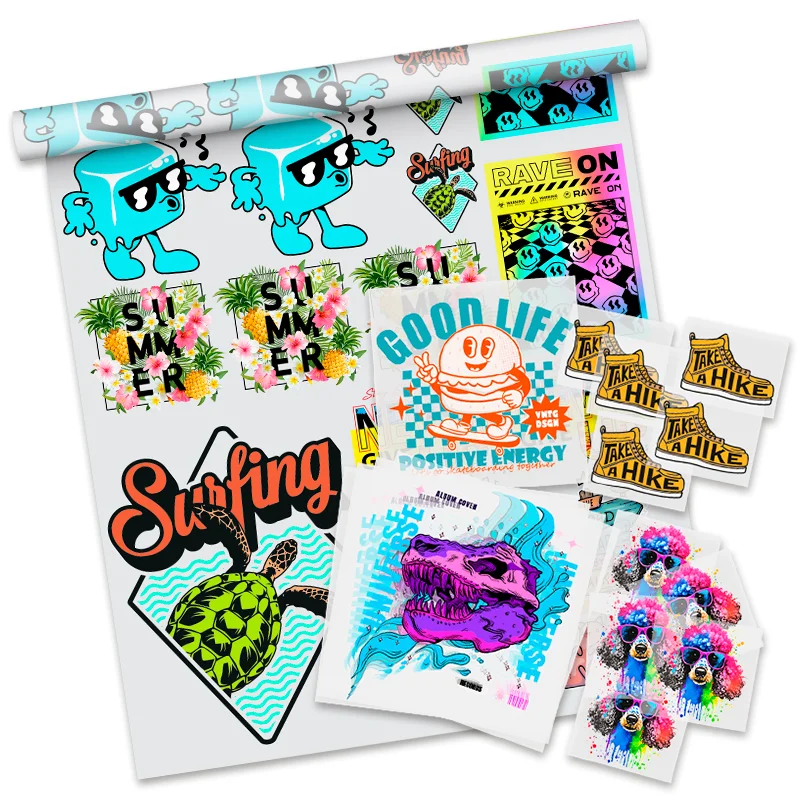 Various DTF gang sheets in different sizes, showcasing product options by dimension for custom printing.