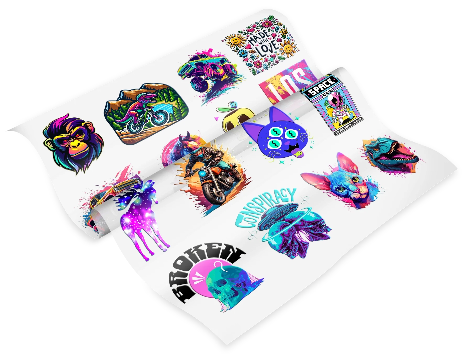 DTF gang sheet with multiple colorful designs ready for transfer