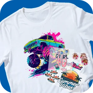 White t-shirt with a monster truck design and various DTF transfers, showcasing customization options.