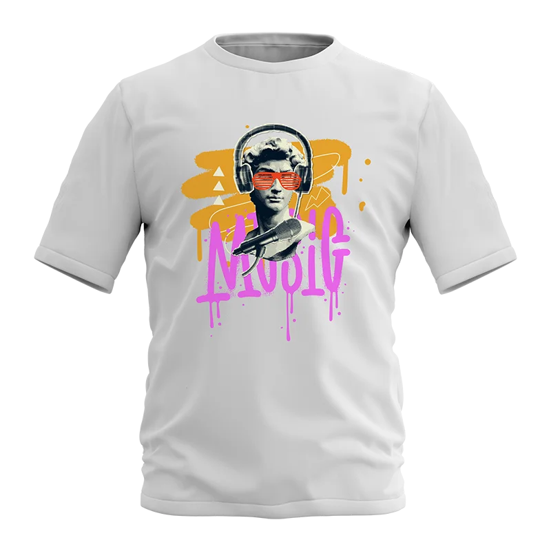 T-shirt with colorful DTF design of a statue wearing headphones and sunglasses, ideal for an urban and artistic style.