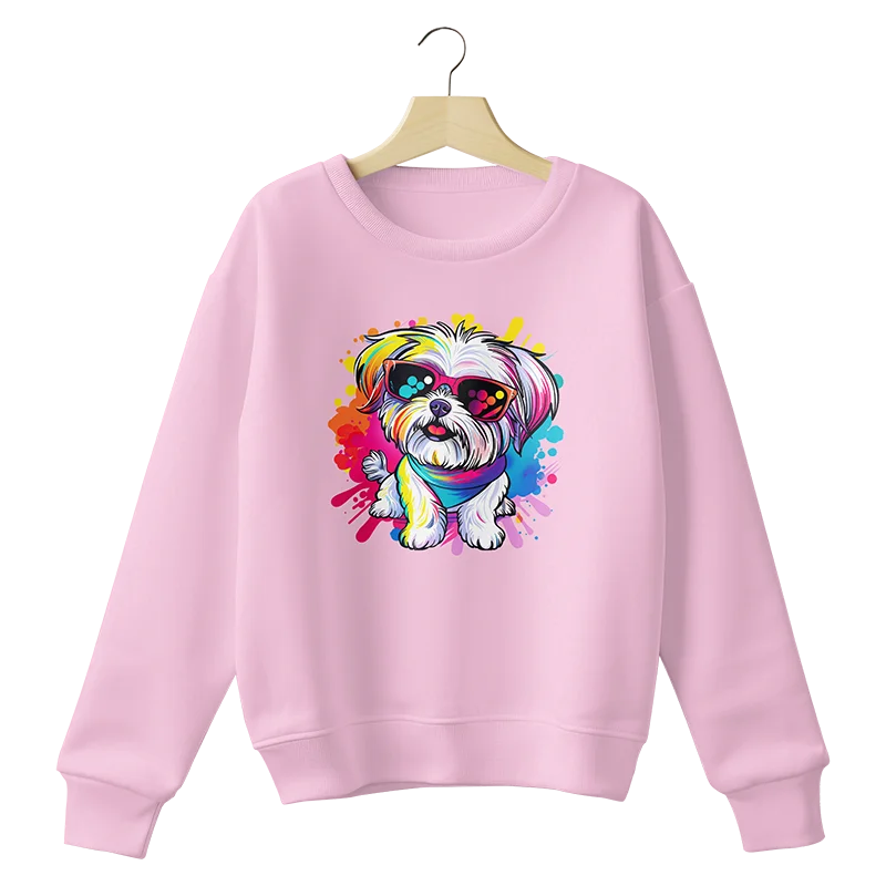 Sweatshirt with colorful dog design wearing glasses, ideal for a fun and original style.