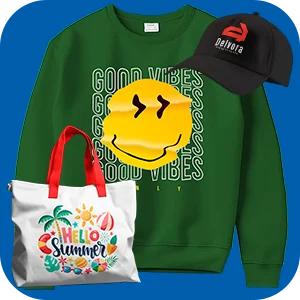 Assortment of custom DTF products: green sweatshirt, black cap, and tote bag with unique designs.