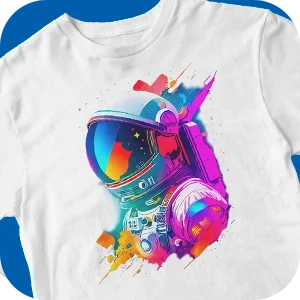 White t-shirt featuring a vibrant astronaut design in neon colors with paint splatters
