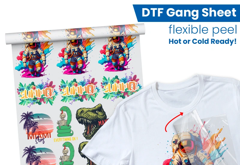 Promotional image featuring a mustard yellow T-shirt with floral graphic, a black bucket hat with "Heavens Stay" text, and a beige tote bag with palm tree design. Tagline says "Hot Peel Now" on a gradient orange background.